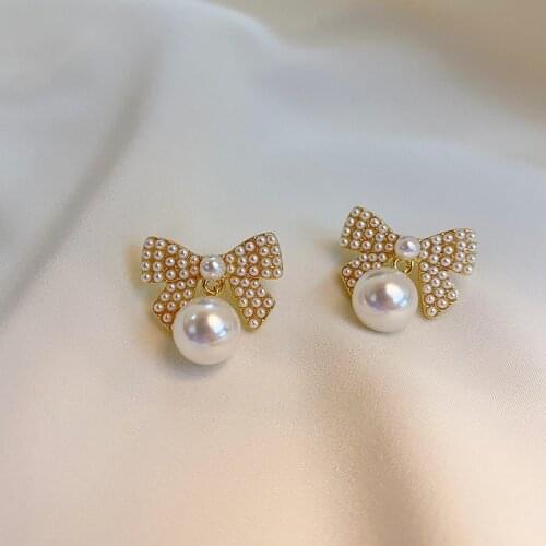 Trend Temperamental Mosaic Rhinestone Bow Eardrop Gorgeou Elegant Simulated-pearl Pendant Earrings For Women Party Jewelry Gift