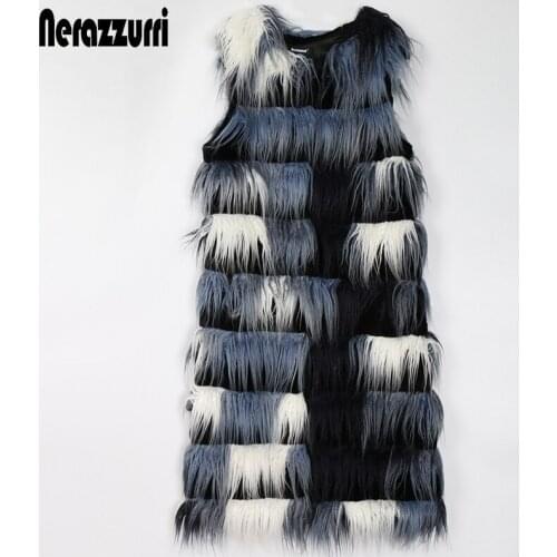 Nerazzurri Multicolor fur vest women Shaggy fluffy warm long striped faux mongolian lamb fur coat Sleeveless jackets for women