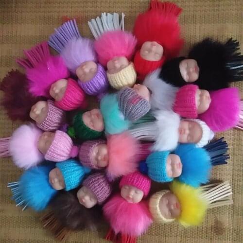 New Leather Sleeping Baby pompon Key Chain Cartoon Baby Keyring Fake Fur Tassel Handmade Crafts Party Gifts