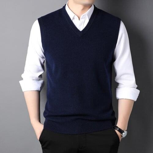 100% pure wool sweater mens autumn winter V-neck sleeveless vest casual loose Pullover knitted sweater