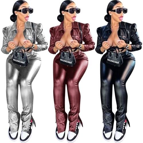 Sexy baby 001 Winter womens casual PU zipper rivet two-piece suit 8293