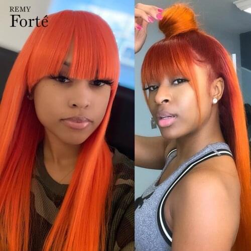 Remy Forte Human Hair Wigs For Women 28 Inch Orange Straight BOB Wig With Bangs Blonde Cosplay Brazilian Hair Wigs Colored Wig