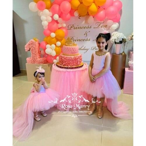 Princess Pink Ball Gown Flower Girls Dresses For Weddings 2020 Crystals Knot Bow Girl Brithday Pageant First Holy Communion Gown