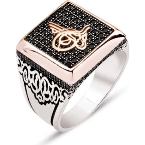 Silver Black Zircon Stone Tuğra Motif Male Ring