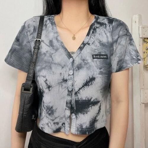 Womens Tie Dye Cardigan Crop Tops Sexy V Neck Short Sleeve Slim Fit Ribbed Knitted T-Shirts Clubwear Buttons Bodycon Casual Top