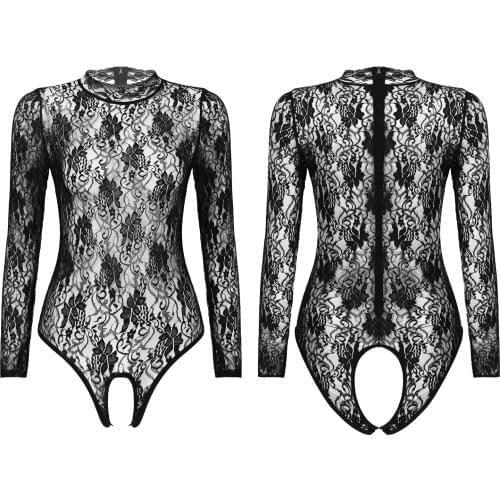 Womens Sissy Bodysuit Catsuit Stand Collar Lace See-Through Back Zipper Open Crotch Crotchless Femme Lingerie Exotic Teddies
