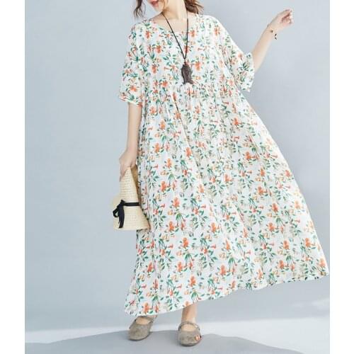 Holiday Travel Style Prairie Chic Casual Dress Print Floral Soft Ramie New Fashion Spring Summer Dress Women Vintage Long Dress