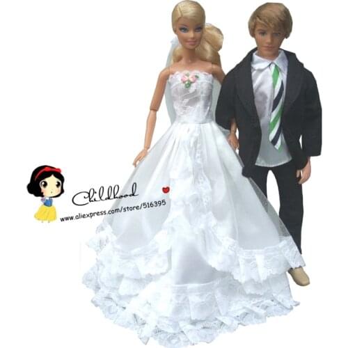 Free Shipping 2sets = Full Around lace dress for barbie doll white wedding dress + ken doll suit clothes gift set for baby girl
