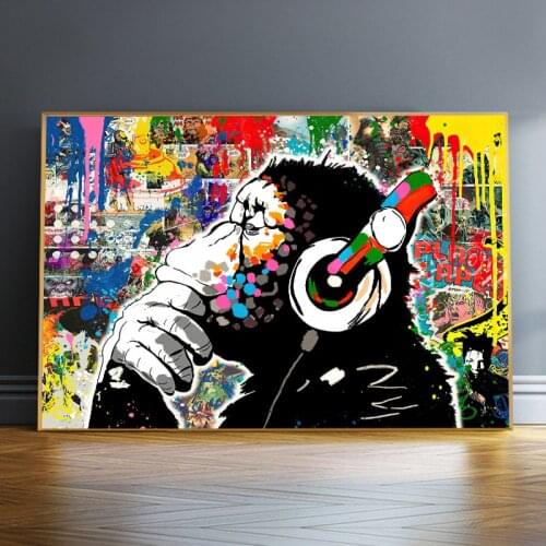 Monkey Oil Paintings on Canvas Modern Street Art Colorful Baboon Listen To Music Posters and Print Home Wall Decorative Pictures