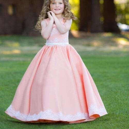 Coral Pink Flower Girl Dresses Satin Baby Birthday Gowns with White Lace Princess Party Special Occasion Custume