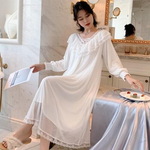Lace Mesh Nightwear Intimate Lingerie Sleepwear Casual Women Nightgown Long Sleeve Gown Home Clothing Nightdress Nighty Dress