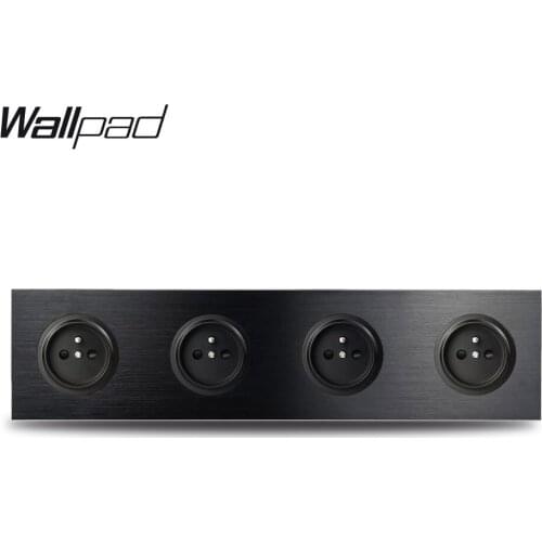 L6 Black Metal Quadruple 4 Way French Plug Electrical Outlet Wall Socket with Brushed Aluminum 344*86mm 4 Port 4 Gang