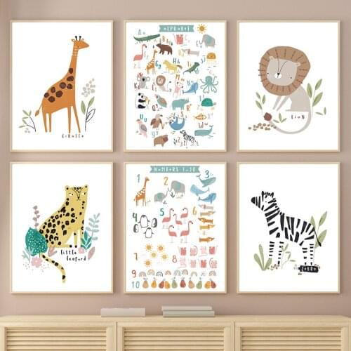 Wall Art Canvas Painting Nursery Baby Lion Zebra Whale Giraffe ABC Nordic Posters And Prints Animal Wall Pictures For Kids Room