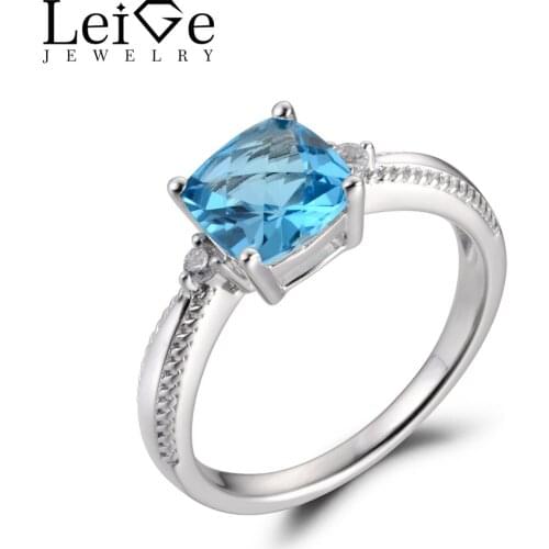 Leige Jewelry Genuine Swiss Blue Topaz Gemstone November Birthstone Prong Setting Cushion Cut Romantic Gift For Girls 925 Silver