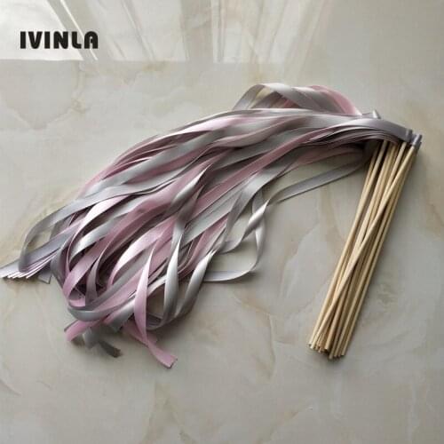 50pcs/lot pink and sliver Wedding Ribbon Wands stick Without Bell For Wedding Decoration