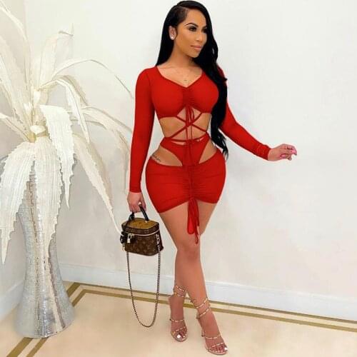 Sexy 3 Piece Dresses for Women Party Elegant Hollow Out Slim Solid Bodycon Bandage Dress Drawstring Ruched Evening Club Outfits