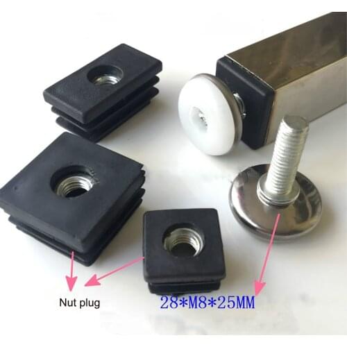 1 Set Plastic Square Nut Plug+Adjusting feet 28*M8*25 Protection Gasket Dust Seal End Cover Caps Chairs Furniture