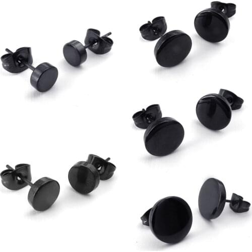 Hot Jewelry Mens Earrings, 12mm Circle Ear Studs, 2pcs (1 Pair), Stainless Steel, Black