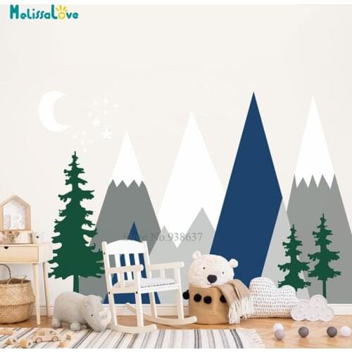 Mountains Wall Decal Woodland Baby Room Decor Nursery Crib Pine Tree Pattern Kids Toddlers Room Wall Sticker Self Adhesive BB829