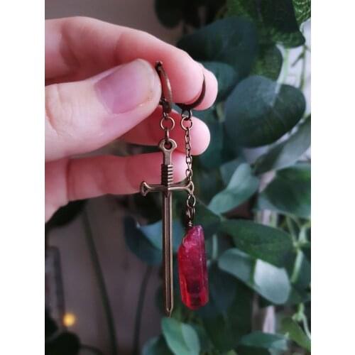 Sword and Red Quartz Witchy Bronze Crystal Earrings, Boho Gothic Occult Festival Bohemian Witchy Wiccan Crystal Earrings