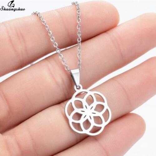 Shuangshuo Sacred Geometry Flower Necklace Seed Of Life Choker Jewelry for Women Girls Stainless Steel Necklace Round Charms