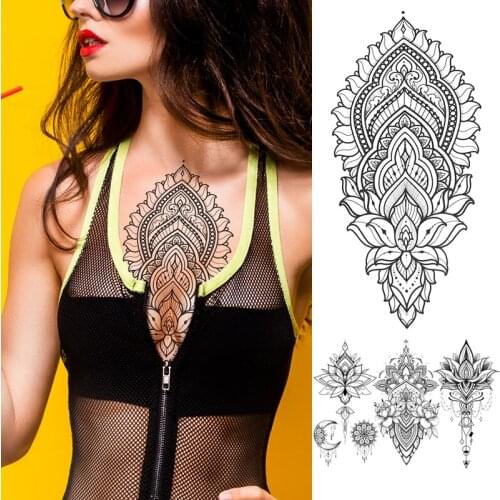 Adult tattoo mandala lotus flower black henna lace fake sexy tatoo for women body art waterproof breast tattoo girl beauty india
