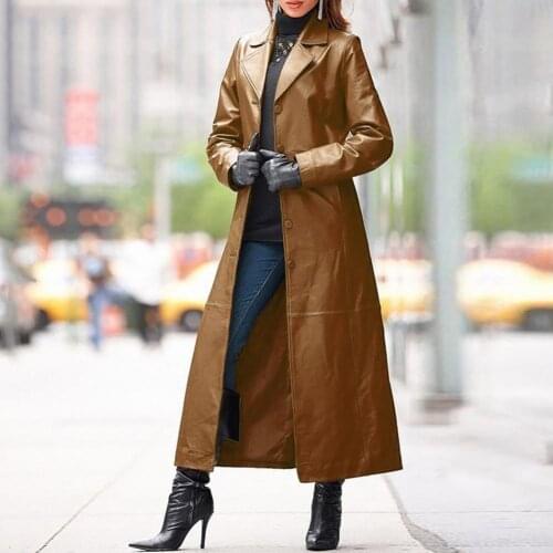 Trench Women Coat Autumn Winter Solid Color Faux Leather Long Slim Wind Coat Windbreaker Plus Size Fashion Cool Coats 4 Colors