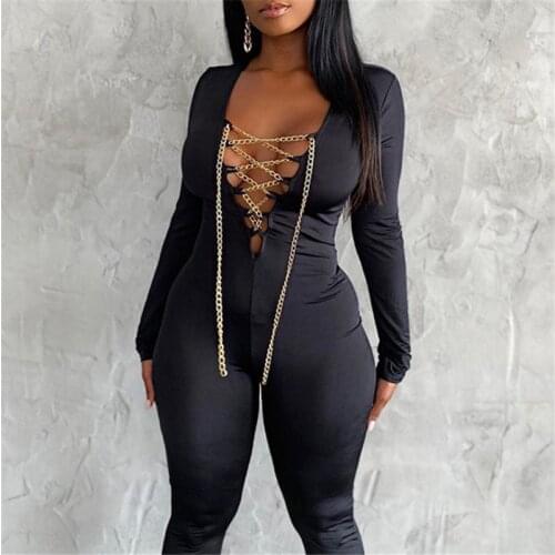 Streetwear Black Red Womens Sexy Adjustment Chain Strap Jumpsuit Overalls Hollow Out Long Sleeve Skinny Slim Casual Romper Wear