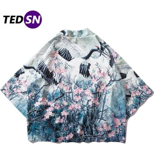 2020 Hip Hop Japanese Kimono Jacket Men Crane Floral Front Open Coats Summer Harajuku Loose Shirt Japan Streetwear
