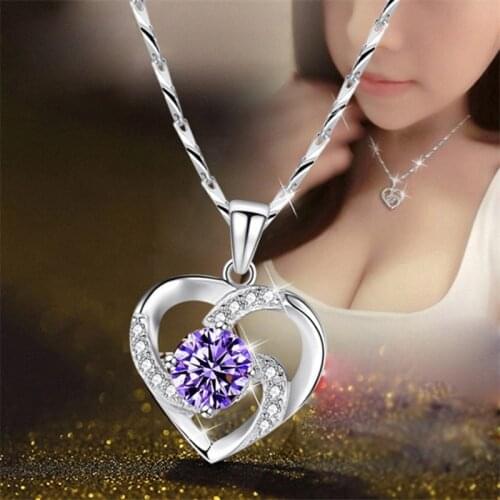 Women Simple Heart Shaped Pendant Clavicle Necklace Embedded in Blue Purple White Crystal Bride Engagement Wedding Jewelry