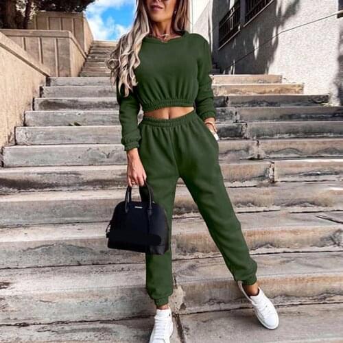 Casual Solid Two Piece Sets Women Fleece Long Sleeve Pullover Sweatshirts And Long Pant Jogging Suits Female Sport Tracksuits