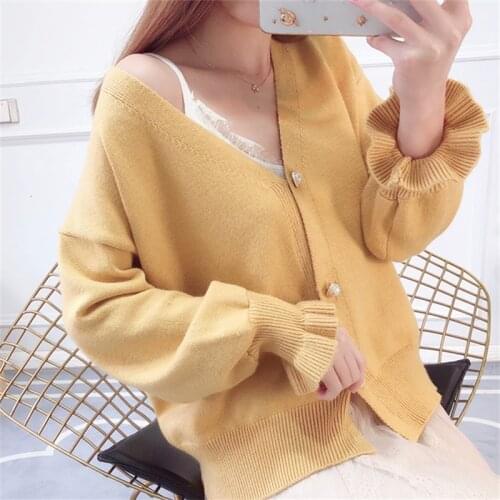 The new spring 2021 fashion short sleeve knit sweater cardigan sweet joker loose lotus leaf coat female