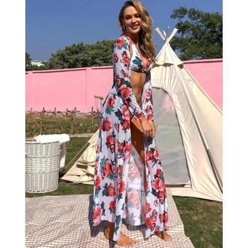 Women Casual Dress Vintage Print Floral Beach Cover Up Summer Swimwear Bikini Outerwear Flare Sleeve Oversize Long Cardigans