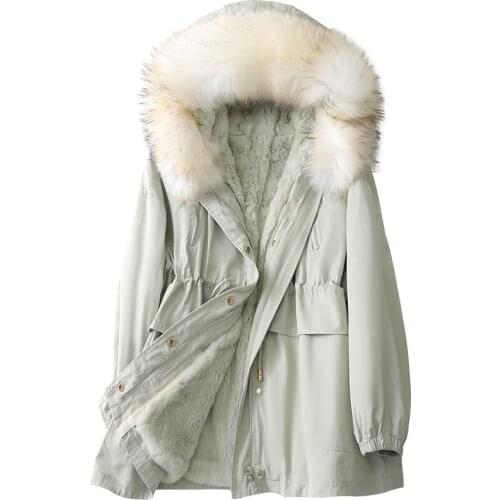 Winter Parkas Coat Raccoon Fur Hoody Rabbit Lining Women Warm Outerwear LF21032KQN