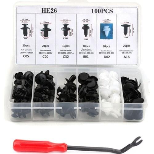 100pcs 6 Size Universal Car Fastener Clip Mixed Pin Rivet Trim Clip Panel Moulding Fastener Car Push Retainer with Removal Tool