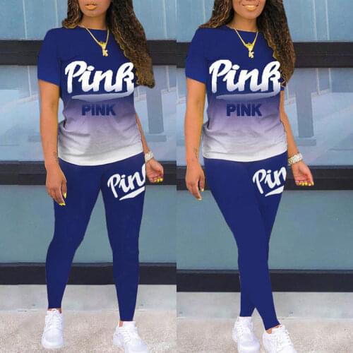 2021 Women Outfit Summer Sport Wear Two Piece Oversize Suits Sleeveless Ombre Colorblock Letter Print T-shirt & Long Pants Set