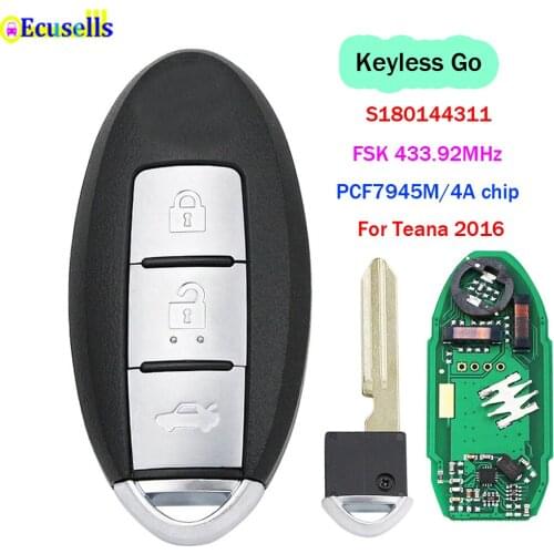 3 Button Keyless-go Remote Key FSK 433.92MHz PCF7945M / HITAG AES / 4A CHIP for Nissan Teana 2016 S180144311