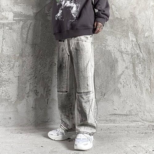 Tie-dye Washed Loose Wide-leg Jeans Pants Mens High Street Zipper Knee Oversize Casual Denim Trousers Hip Hop Baggy Track Pants