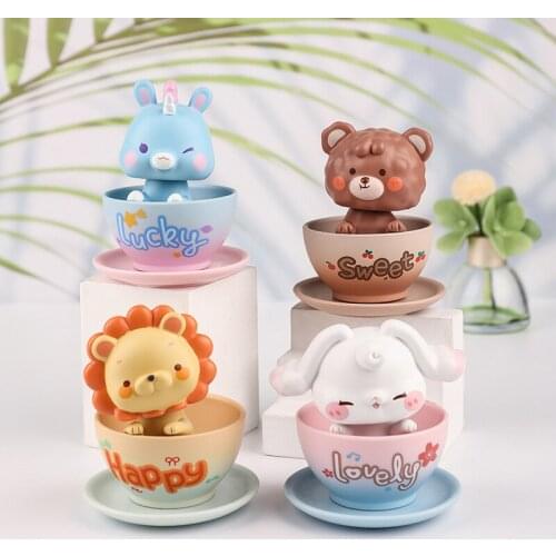 Tea Cup of Cartoon Animals Ornaments Cute Figurine Collectibles Cute Car Interior Cake Top for Fans TS2 home furnishing