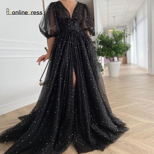 Sparkly Star Tulle Black Prom Dress Puffy A Line Three Quarter Sleeve V Neck Formal Party Gown Evvening Dress vestido de festa