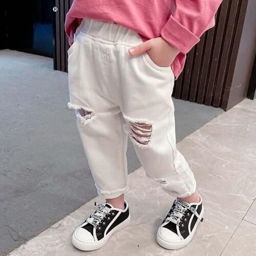 Baby Girls Jeans Kids Clothes Hole Ripped Demin Pants Streetwear White 2021 Autumn Fashion Trouser Children Jeans Pantalon