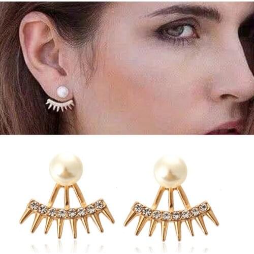 European And American Fashion New Earrings Personality Simple Pearl Punk Wind Tip Cone Crystal Pearl Back Hanging Earrings
