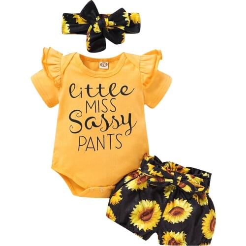 New 3Pcs Infant Kids Sunflower Clothing Set Baby Girl Romper Bodysuit Pants Sassy Cotton Outfit Clothes