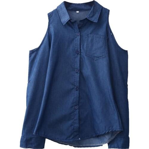 Fashion Womens Ladies Casual Imitation Denim Long Sleeve Shirt Top Blouse Sexy Womens Strapless V-neck Loose Blouses
