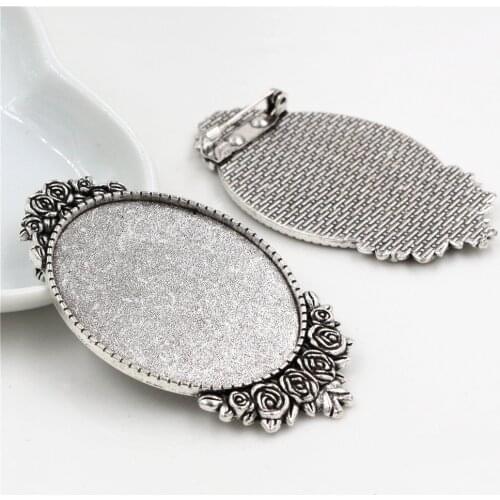 New Fashion 5pcs 30x40mm Inner Size Antique Silver Plated Pin Brooch Flowers Style Base Setting Pendant (B4-20)