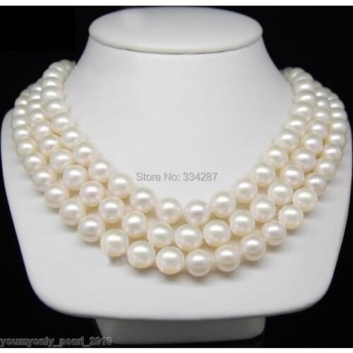 NEW 3ROW Fine 9-10mm AAA white Natural freshwater pearls pearl necklaces 925 Sterling Silver Clasp