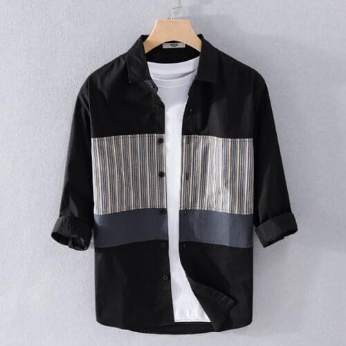 2021 New style three-quarter sleeved casual stripe men shirts comfortable patchwork cotton shirt for men tops clothes chemise