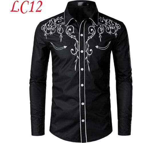 Stylish Western Cowboy Shirt Men Brand Design Embroidery Slim Fit Casual Long Sleeve Shirts Mens Wedding Party Shirt for Male