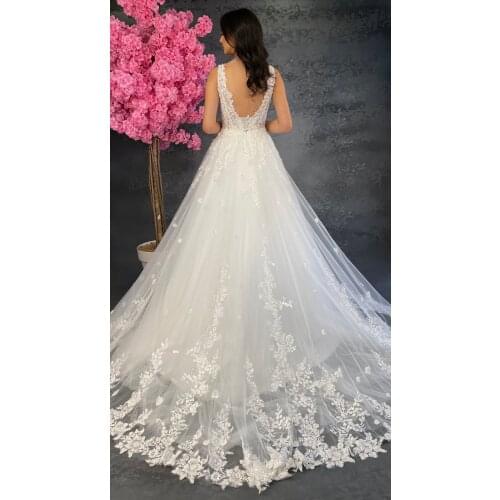 Wedding Dress Complete Lace V Neck Off White A-Line Fashion Women Bridal Floral Pattern Bridesmaid Evening Dresses Bride Party