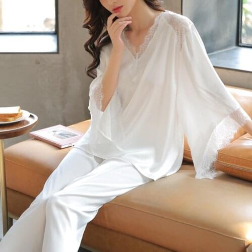 Loose Flare Sleeve Lady 2PCS Pajamas Set V-Neck Floral Trim Lace Sleep Suit Pyjamas Sleepwear Nightwear Lingerie Lounge Homewear